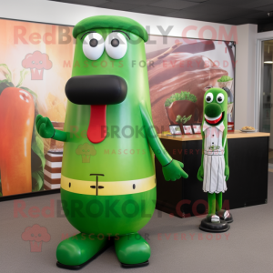 Forest Green Hot Dog mascot costume character dressed with a Maxi Skirt and Cufflinks