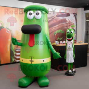 Forest Green Hot Dog mascot costume character dressed with a Maxi Skirt and Cufflinks