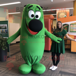 Forest Green Hot Dog mascot costume character dressed with a Maxi Skirt and Cufflinks