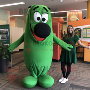 Forest Green Hot Dog mascot costume character dressed with a Maxi Skirt and Cufflinks