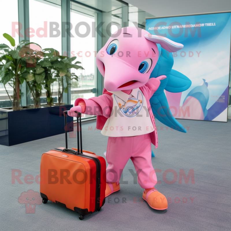 Pink Dolphin mascot costume character dressed with a Culottes and Briefcases