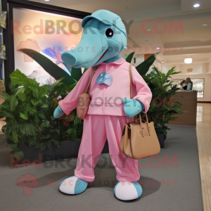 Pink Dolphin mascot costume character dressed with a Culottes and Briefcases