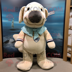 Beige Stellar'S Sea Cow mascot costume character dressed with a Denim Shorts and Bow ties