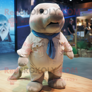 Beige Stellar'S Sea Cow mascot costume character dressed with a Denim Shorts and Bow ties