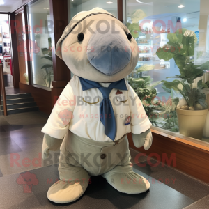 Beige Stellar'S Sea Cow mascot costume character dressed with a Denim Shorts and Bow ties