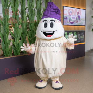 Cream Eggplant mascot costume character dressed with a Bermuda Shorts and Headbands