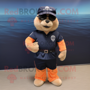 Peach Navy Seal mascot costume character dressed with a Polo Tee and Headbands