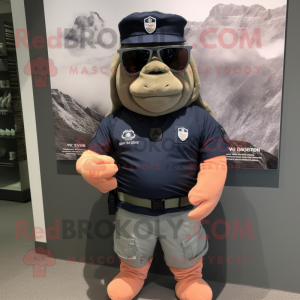 Peach Navy Seal mascot costume character dressed with a Polo Tee and Headbands