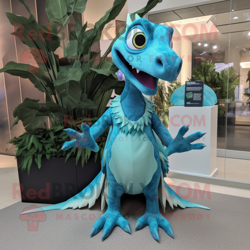 Cyan Dimorphodon mascot costume character dressed with a A-Line Skirt and Clutch bags