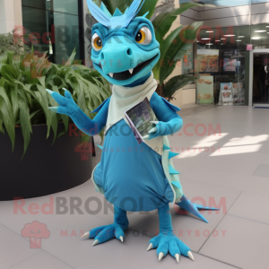 Cyan Dimorphodon mascot costume character dressed with a A-Line Skirt and Clutch bags