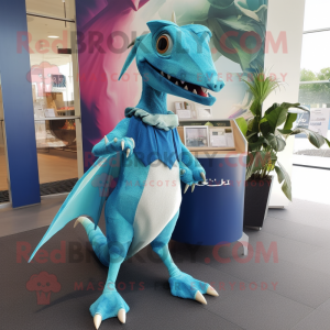 Cyan Dimorphodon mascot costume character dressed with a A-Line Skirt and Clutch bags