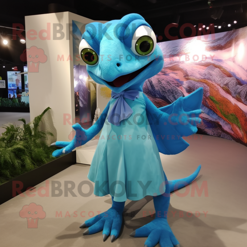 Cyan Dimorphodon mascot costume character dressed with a A-Line Skirt and Clutch bags