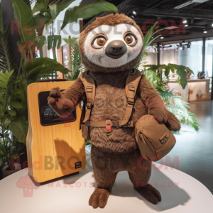 Brown Sloth mascot costume character dressed with a Rash Guard and Handbags