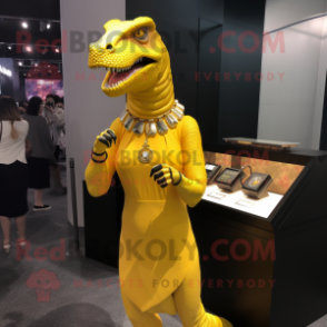 Yellow Tyrannosaurus mascot costume character dressed with a Shift Dress and Bracelet watches