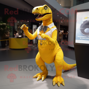 Yellow Tyrannosaurus mascot costume character dressed with a Shift Dress and Bracelet watches