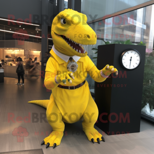 Yellow Tyrannosaurus mascot costume character dressed with a Shift Dress and Bracelet watches