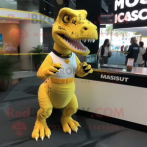 Yellow Tyrannosaurus mascot costume character dressed with a Shift Dress and Bracelet watches