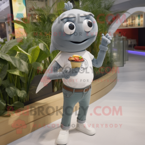 Gray Ceviche mascot costume character dressed with a Skinny Jeans and Smartwatches