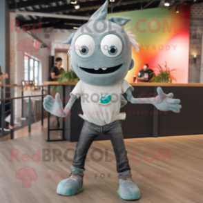 Gray Ceviche mascot costume character dressed with a Skinny Jeans and Smartwatches