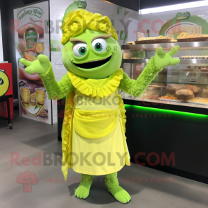 Lime Green Tacos mascot costume character dressed with a Mini Dress and Headbands