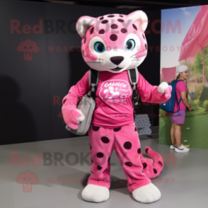 Pink Jaguar mascot costume character dressed with a Flare Jeans and Backpacks