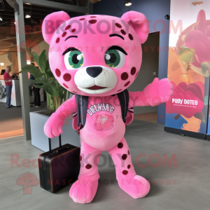 Pink Jaguar mascot costume character dressed with a Flare Jeans and Backpacks
