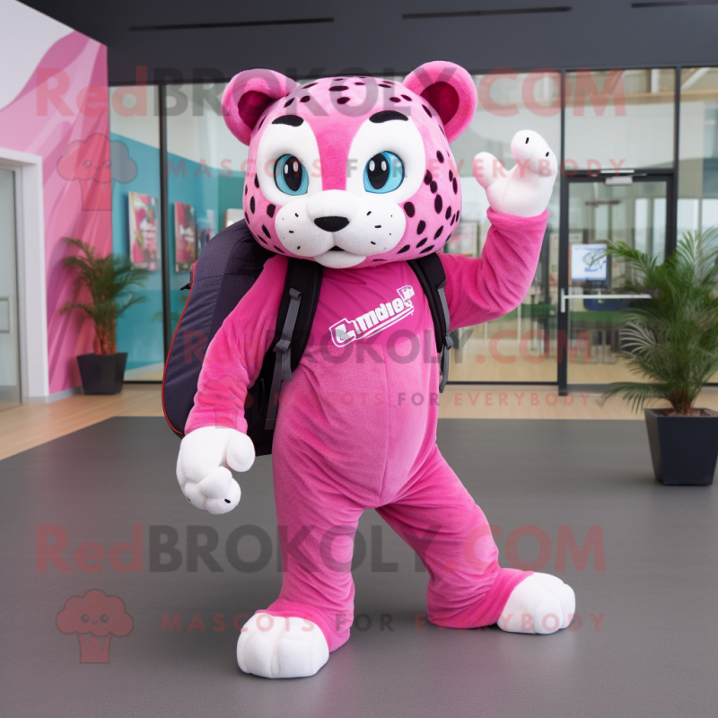 Pink Jaguar mascot costume character dressed with a Flare Jeans and Backpacks