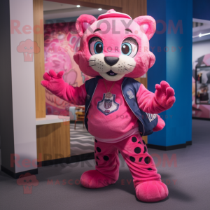 Pink Jaguar mascot costume character dressed with a Flare Jeans and Backpacks