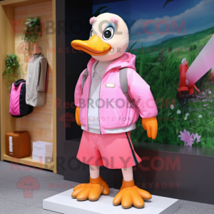 Pink Geese mascot costume character dressed with a Shorts and Brooches