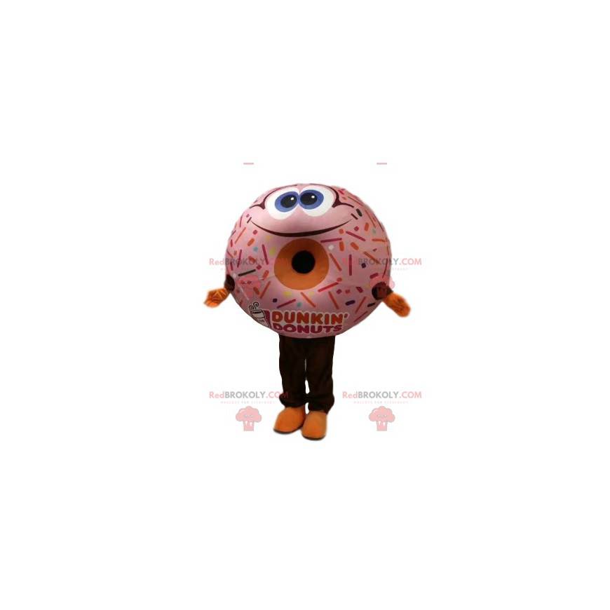 Mascote donut com cobertura rosa e um grande sorriso -