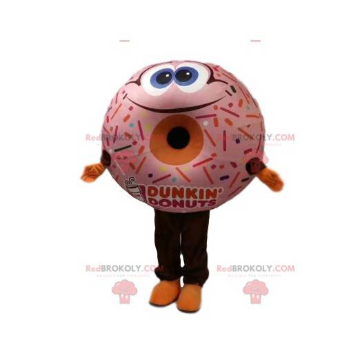 Donut Maskottchen mit rosa Zuckerguss und einem großen Lächeln