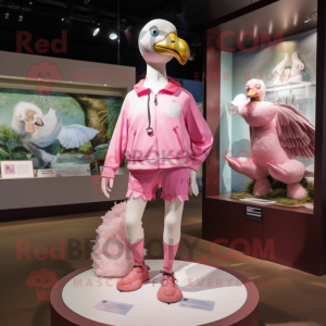 Pink Geese mascot costume character dressed with a Shorts and Brooches