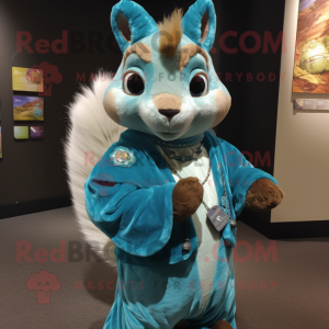 Turquoise Squirrel mascot costume character dressed with a Blouse and Shawl pins