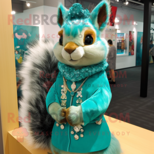 Turquoise Squirrel mascot costume character dressed with a Blouse and Shawl pins