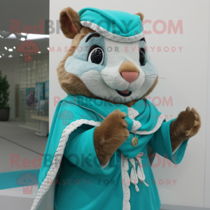 Turquoise Squirrel mascot costume character dressed with a Blouse and Shawl pins