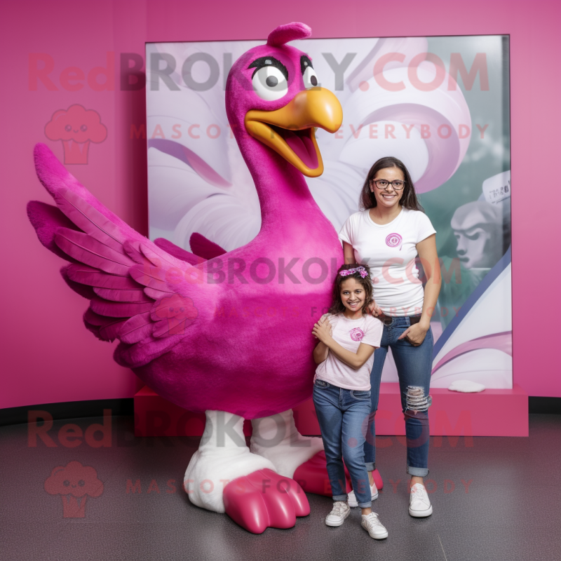 Magenta Swan mascot costume character dressed with a Mom Jeans and Bracelet watches Magenta Swan mascot costume character dressed with a Mom Jeans and Bracelet watches