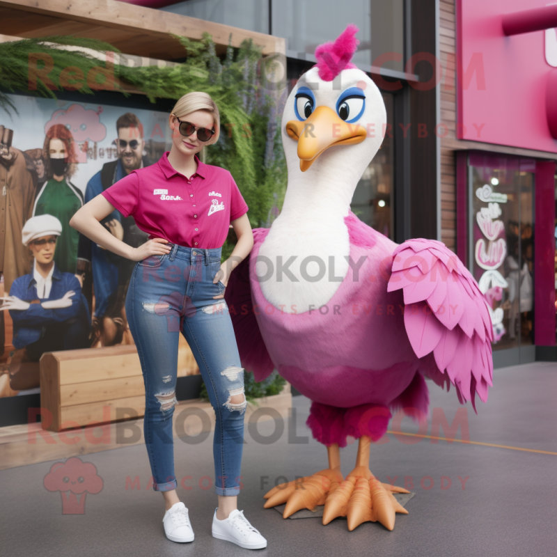 Magenta Swan mascot costume character dressed with a Mom Jeans and Bracelet watches