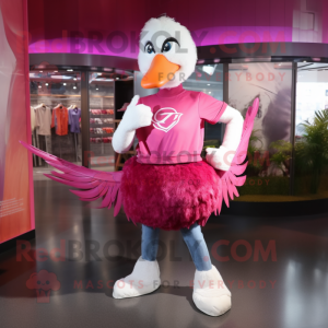 Magenta Swan mascot costume character dressed with a Mom Jeans and Bracelet watches