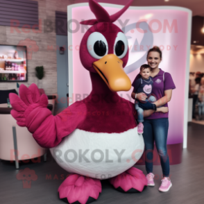 Magenta Swan mascot costume character dressed with a Mom Jeans and Bracelet watches