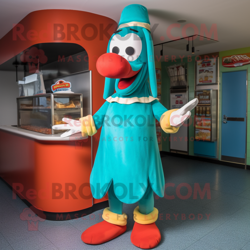 Turquoise Hot Dogs mascot costume character dressed with a Maxi Skirt and Berets