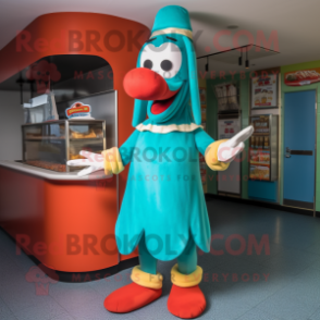 Turquoise Hot Dogs mascot costume character dressed with a Maxi Skirt and Berets