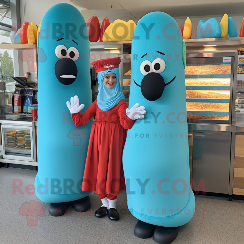 Turquoise Hot Dogs mascot costume character dressed with a Maxi Skirt and Berets Turquoise Hot Dogs mascot costume character dressed with a Maxi Skirt and Berets