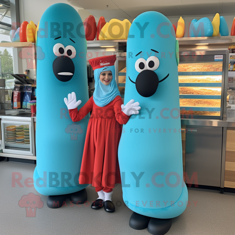 Turquoise Hot Dogs mascot costume character dressed with a Maxi Skirt and Berets