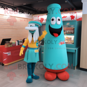 Turquoise Hot Dogs mascot costume character dressed with a Maxi Skirt and Berets