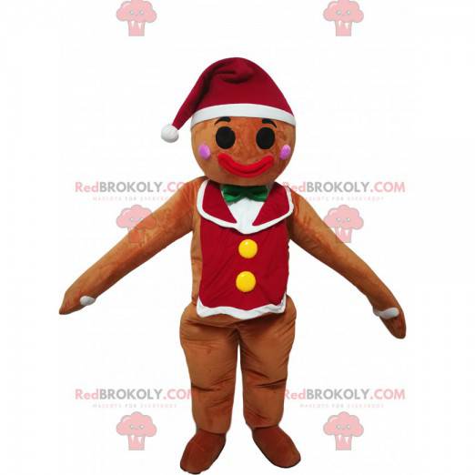 Gingerbread boonhomme mascot with a Christmas hat -