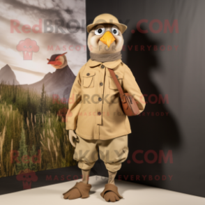 Tan Quail mascot costume character dressed with a Poplin Shirt and Berets