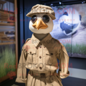 Tan Quail mascot costume character dressed with a Poplin Shirt and Berets