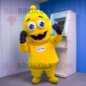 Yellow Phone mascot costume character dressed with a Rash Guard and Mittens