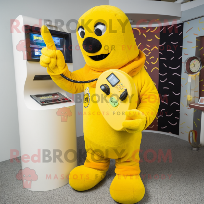 Yellow Phone mascot costume character dressed with a Rash Guard and Mittens Yellow Phone mascot costume character dressed with a Rash Guard and Mittens