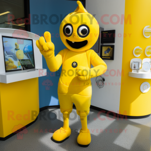 Yellow Phone mascot costume character dressed with a Rash Guard and Mittens